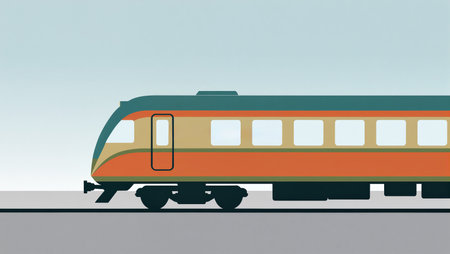 Vibrant train glides smoothly on tracks, showing artistic design against soft hues.の素材