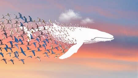 A stunning whale morphs into soaring birds against a vibrant sunset sky.の素材