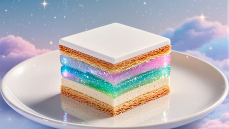 A stunning dessert with vibrant layers reflecting a cosmic theme delights the feelings.の素材