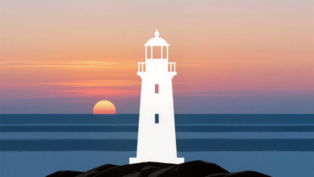 A striking lighthouse stands tall as the sun sets over calm waters, painting the sky.の素材