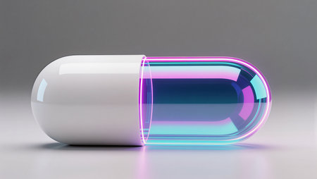A glossy capsule radiates vivid colors in a sleek, modern environment.の素材