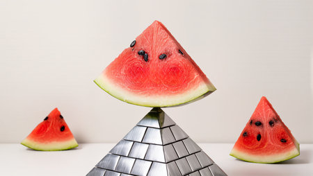 Slices of watermelon rest atop a metallic pyramid, creating a playful balance.の素材