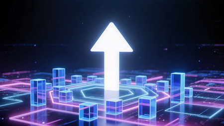 A glowing arrow rises above a high-tech grid, symbolizing advancement and innovation.の素材