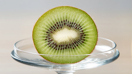 A vibrant kiwi, perfectly sliced, rests on a delicate glass plate, inviting freshness.の素材