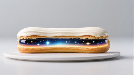 A dreamy eclair reveals a cosmic scene inside, blending dessert and fantasy artfully.の素材