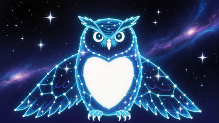 A magical owl shines bright against a backdrop of twinkling stars, embodying wonder.の素材
