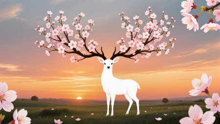 A stunning white deer with blooming branches watches the sunset in a serene landscape.の素材