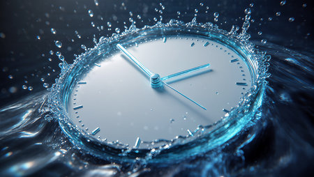 A clock submerged in clear water creates stunning splashes and reflections.の素材