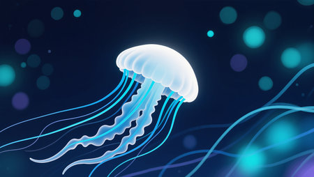 A luminous jellyfish gracefully floats in serene waters, surrounded by soft glows.の素材