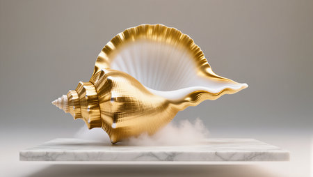 A beautifully crafted golden sea shell sits elegantly on marble, surrounded by mist.の素材