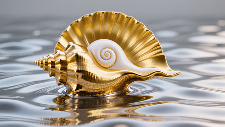 A beautiful golden shell rests gracefully on calm water, reflecting light beautifully.の素材