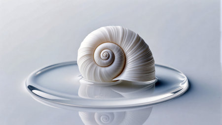 A delicate white shell forms a perfect spiral, reflecting softly on still water.の素材