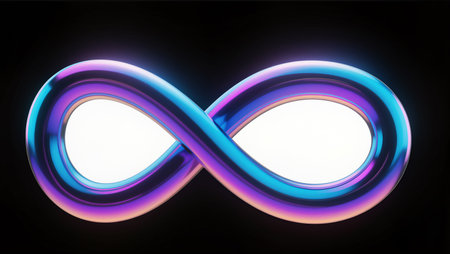 A dynamic infinity symbol illuminated with radiant colors on a dark background.の素材