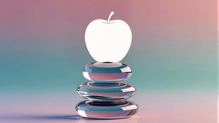 A translucent stack of glass pebbles supports a glowing apple outline, creating harmony.の素材