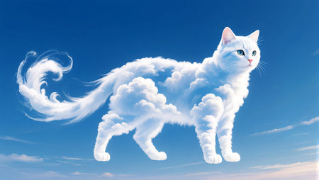 A magnificent feline figure emerges from soft clouds, gliding in the sky.の素材