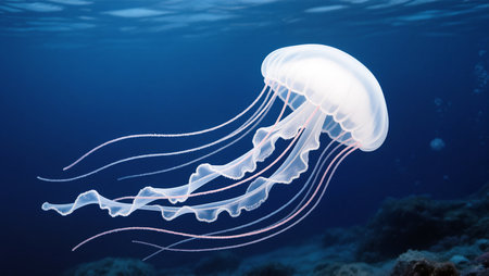 An ethereal jellyfish floats effortlessly through the serene sea depths.の素材