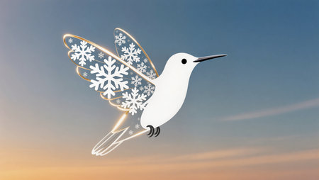 A charming hummingbird flutters against a vibrant, snowflake-filled sunset.の素材