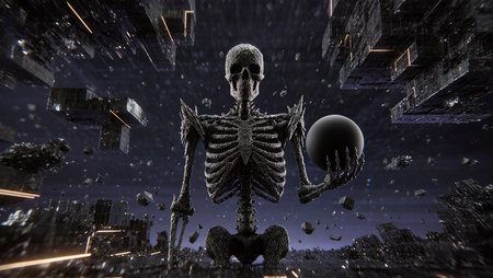 A skeletal figure stands tall in a void, holding a mysterious sphere as shadows dance.の素材