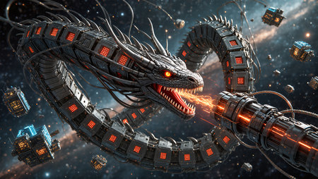 A magnificent serpent weaves through stars, releasing vibrant energy into the void.の素材