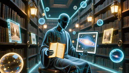 A digital figure engages with books and holograms in a grand library full of books.の素材