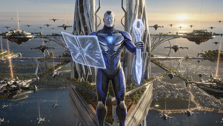 A brave figure holds advanced technology amidst a breathtaking urban skyline at dusk.の素材