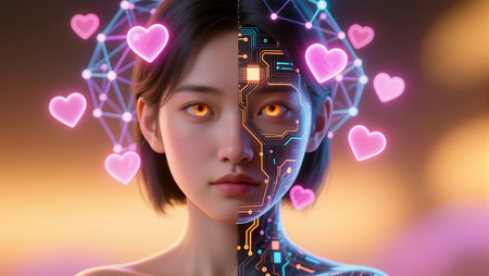 A captivating blend of human emotion and cybernetic aesthetics unfolds in this artwork.の素材