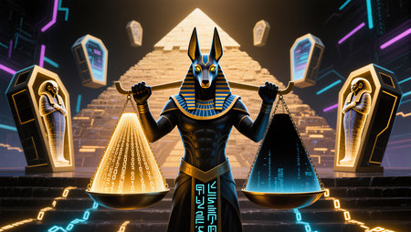 A powerful figure resembling an ancient deity stands poised, holding scales.の素材