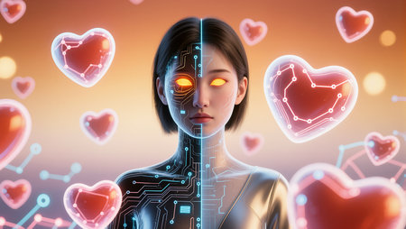 A young woman with a half-robotic face holds a glowing heart, symbolizing love.の素材