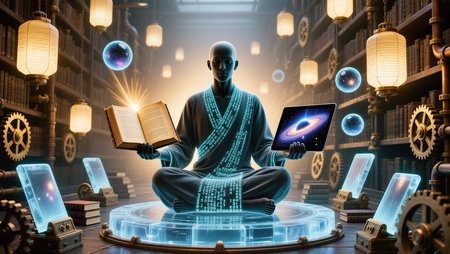 A serene figure meditates among glowing books and orbs, merging wisdom and science.の素材
