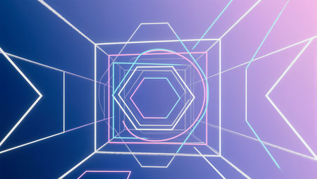 A captivating journey through vibrant geometric shapes and neon colors unfolds.の素材