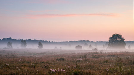 Soft mist lingers over the meadow as dawn breaks, painting the sky in pastel hues.の素材