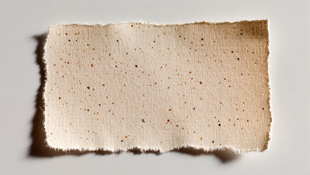 Artisanal paper with speckles and a torn edge showcases exquisite craftsmanship.の素材