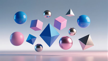A vibrant display of 3D geometric shapes suspended in a serene environment.の素材