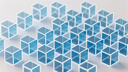 Blue transparent cubes create a complex pattern on a white surface.の素材