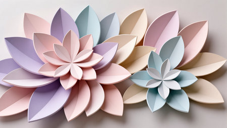 Delicate layered flowers in pastel colors brighten up the wall, perfect for calming decor.の素材