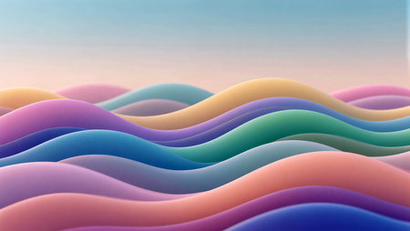 Gentle waves of vibrant hues flow harmoniously under a soft pastel sky.の素材