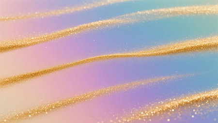 Golden particles create flowing patterns on a calming pastel canvas, evoking tranquility.の素材