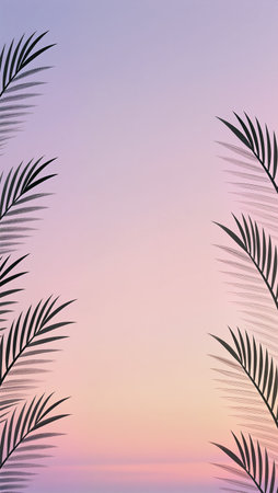 Gentle hues of dusk create a tranquil atmosphere, framed by palm leaves swaying softly.の素材