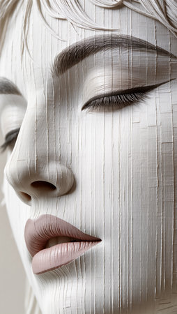 A mesmerizing wooden sculpture showcases a tranquil face with detailed craftsmanship.の素材