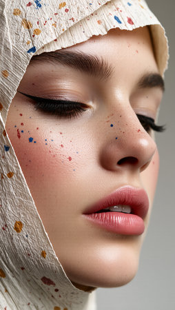 Close-up of a young woman showcasing stunning makeup with playful dot patterns.の素材
