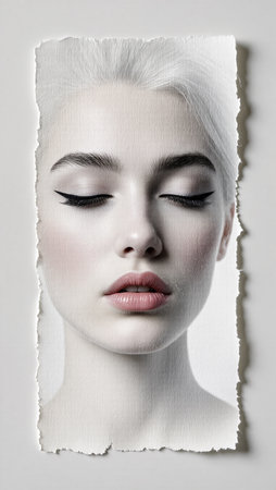 Ethereal model with pale skin and flawless makeup gazes softly in peaceful serenity.の素材
