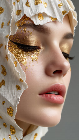 A model showcases shimmering gold accents and intricate textures in makeup.の素材