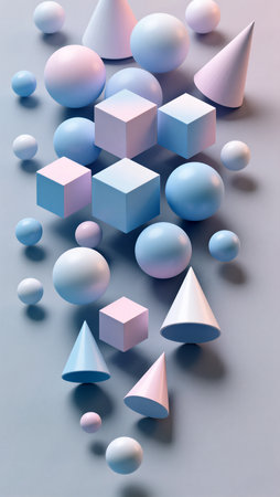 Pastel spheres, cones, and cubes elegantly arranged against a subtle background.の素材