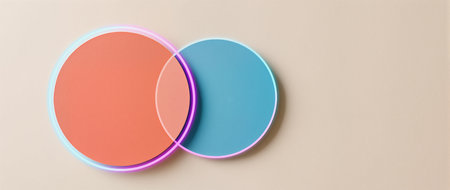 Two overlapping circles in soft hues blend beautifully on a neutral background.の素材