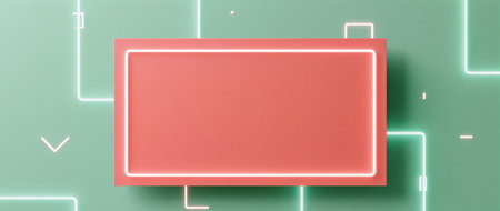 A soft pink rectangle framed by glowing lines on a green backdrop.の素材