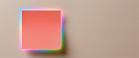Bright coral square glows against a soft beige wall, creating a vibrant contrast.の素材