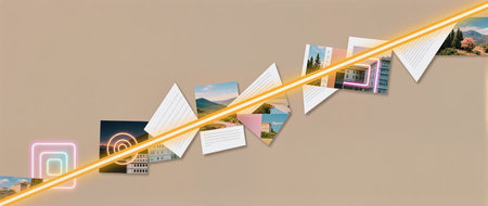 A vibrant mix of landscapes and structures on a warm backdrop.の素材