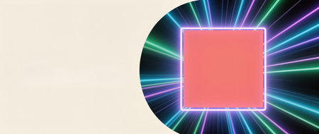 A striking red square radiates colorful beams in a dynamic visual composition.の素材