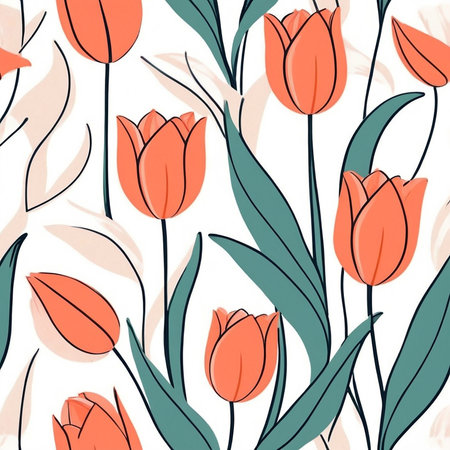 Cheerful tulips in shades of orange sway among green leaves, brightening any space.の素材