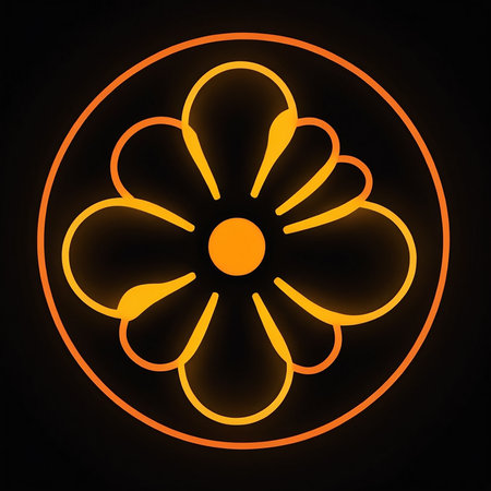 An artistic orange flower design illuminates the dark backdrop, showing beauty.の素材